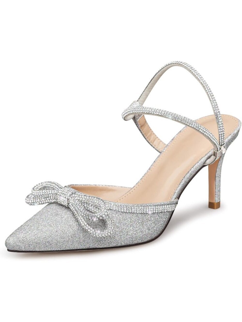 Women's Silver Sparkly Bow Closed Toe Rhinestone Low Slingback Shoes Kitten Heel